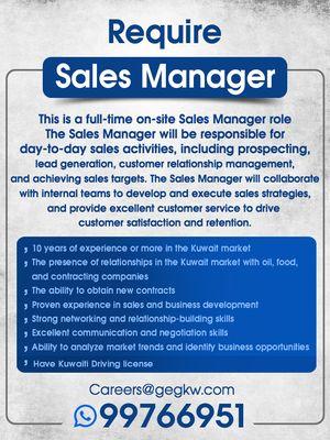 Sales manager is required for recruitment